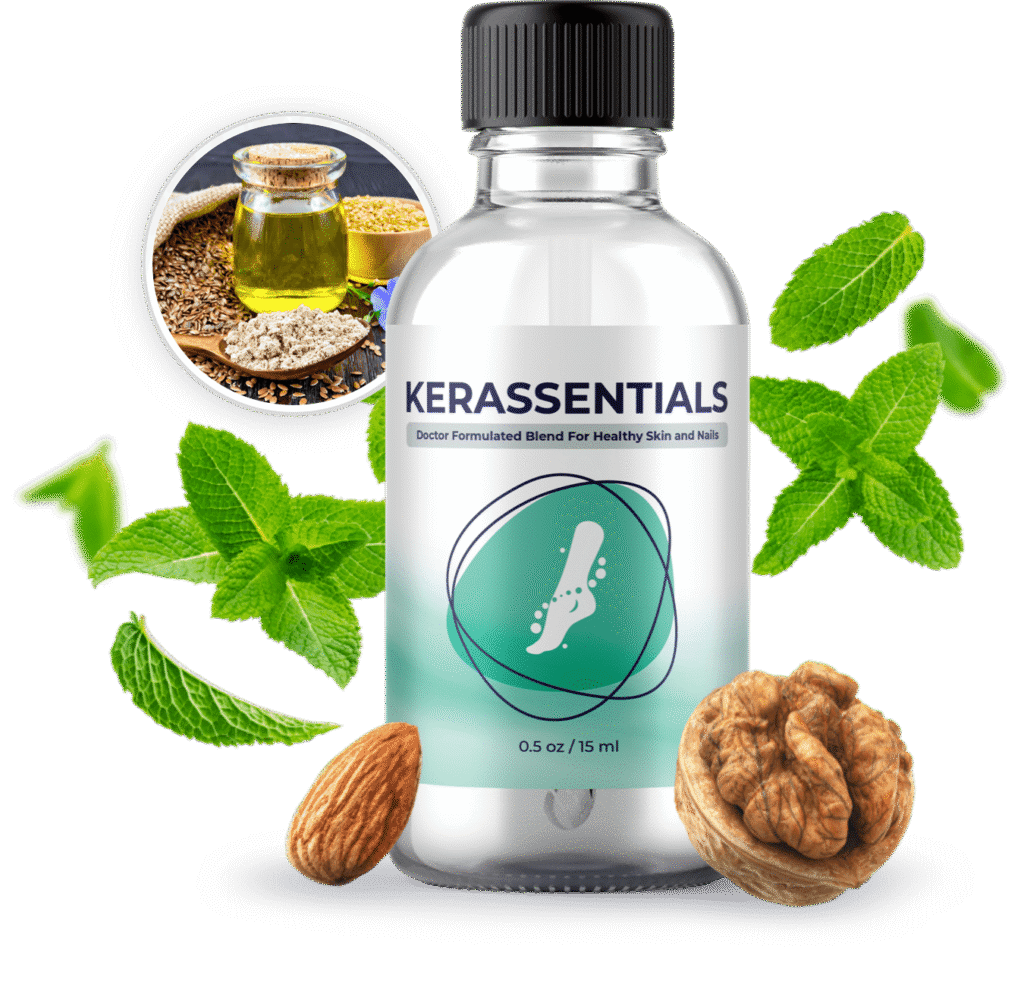 Kerassentials product bottle with natural oil formula for healthy nails